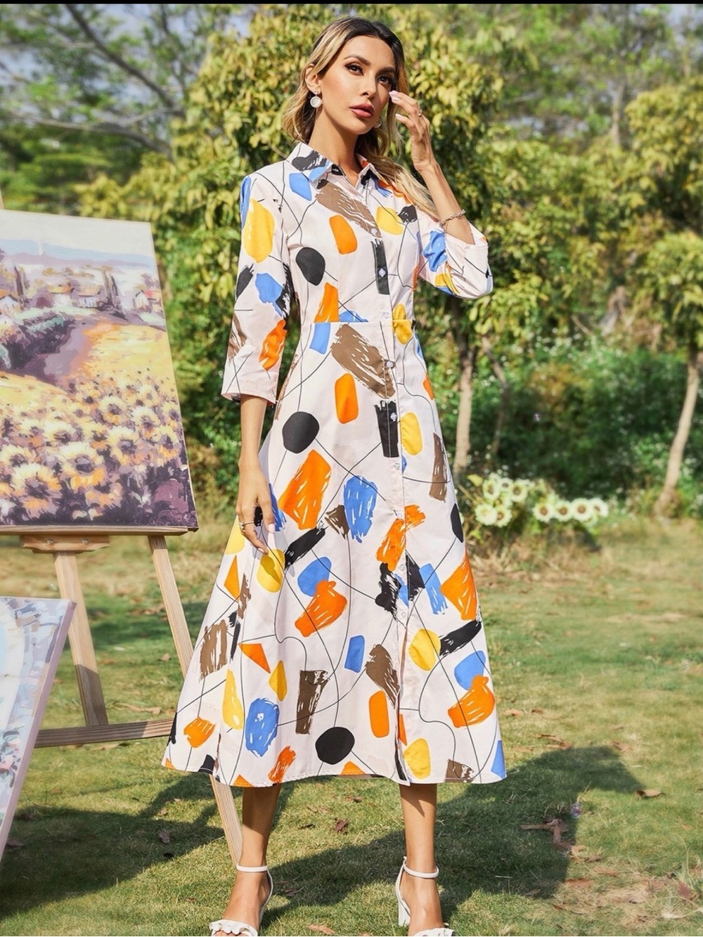 Abstract Print Midi Shirt Dress - White with Blue, Orange & Yellow